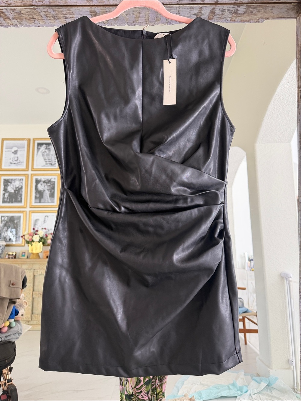 Commense Black Faux Leather Mini Dress with Draped Front